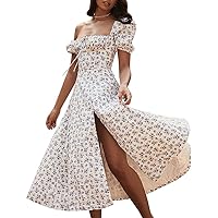 Women's Cottagecore Floral Maxi Dress Puff Sleeves Split Party Long Dresses