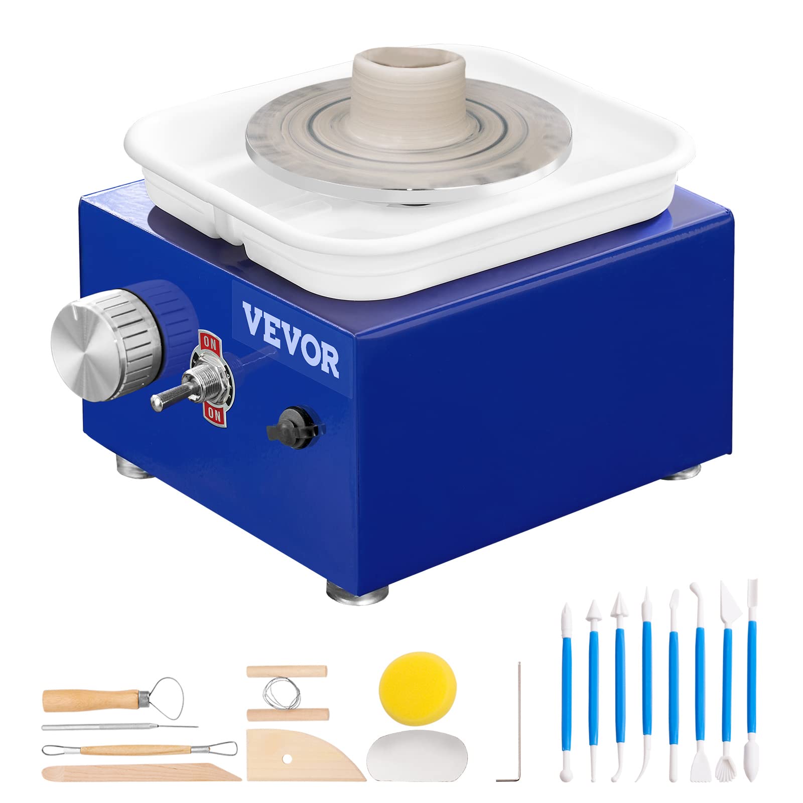 VEVOR 2 Turntables 2.6in / 3.9in Ceramic Wheel Forming Machine Adjustable 0-300RPM Speed ABS Detachable Basin, Sculpting Tools Apron Accessory Kit for Work Art Craft DIY, Blue