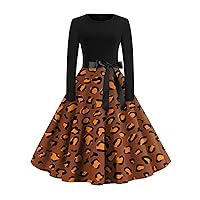 Fall Dresses for Women 2023 Cute Fall Dresses for Women Print Flare Dress for Women Long Sleeve Dress Party Casual Dresses Brown Medium 137