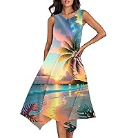 Casual Sundresses for Women 2024 Hawaiian Dresses for Women Summer Print Casual Fashion Elegant Ceach Dress Sleeveless Round Neck Flowy Dresses Light Blue Large