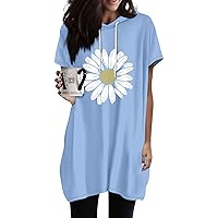 Womens Summer Oversized Hoodies Casual Short Sleeve Shirts Lightweight Tunic Tops Sunflower Print Tops with Pockets