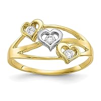 10k Yellow Gold Solid Polished and Rhodium Triple Love Heart CZ Cubic Zirconia Simulated Diamond Ring Size 6.00 Jewelry for Women