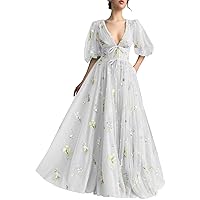 Basgute Flower Embroidery Tulle Puffy Sleeve Prom Dresses Long A Line Fairy Maxi Formal Evening Party Gowns for Women