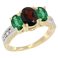 14K Yellow Gold Diamond Natural Garnet Ring Oval 3-Stone with Emerald, Sizes 5-10