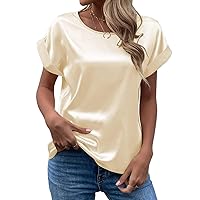 Women's Short Sleeve Satin Blouses Casual Loose Crewneck Silk Shirts Roll Up Sleeve Tunic Tops S-XXL