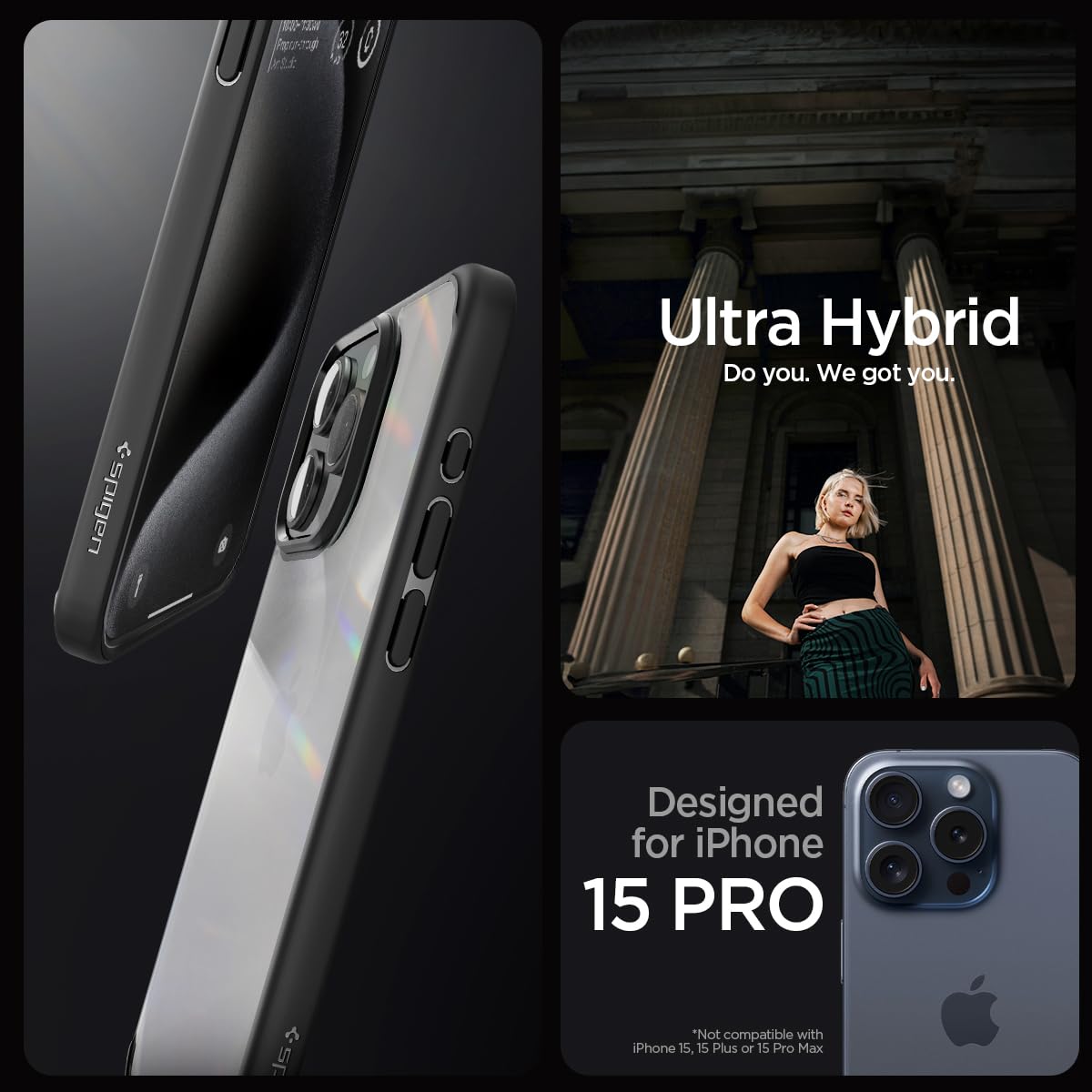 Spigen Ultra Hybrid Designed for iPhone 15 Pro Case (2023), [Anti-Yellowing] [Military-Grade Protection] - Matte Black