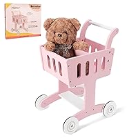 Wooden Shopping Cart for Toddlers: Doll Stroller, Baby Walker Push Toy Pretend Play for Kids Girls Age 1-3 (Pink)
