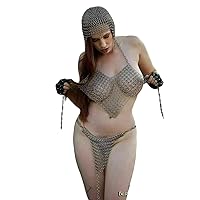 Medieval Women Bikini Viking Hot Sexy Fancy Chainmail 3 Piece Set Bra+Pantie+Coif Chainmail