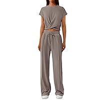 PRETTYGARDEN Women's Summer Two Piece Outfits Tracksuit Twist Front Crop Tops T Shirts Wide Leg Pants Matching Lounge Sets