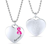 Bling Jewelry Personalized Heart Shape Ribbon Breast Cancer Survivor Pendant Silver Tone Stainless Steel Necklace For Women Custom Engraved