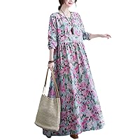 Long Sleeve Cotton Vintage Floral Print Spring Autumn Dresses for Women Casual Dress Women's Beach Long Dress