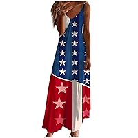 Stars Stripes USA Flag Maxi Dress Women 4th of July Patriotic Sundress Sleeveless V Neck Backless Flowy Beach Dress