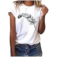 ZunFeo Womens Summer Tops 2023 Short Sleeve Crewneck Feather Print Tee Shirt Loose Fit Cute Tunic Blouses Trendy Fashion