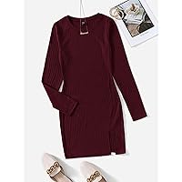 Dresses for Women - Ribbed Knit Split Hem Dress (Color : Burgundy, Size : X-Small)