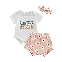 Gueuusu Newborn Baby Girl Summer Clothes Auntie's Bestie Short Sleeve Romper Onesie Daisy Shorts Set Baby Floral Outfit