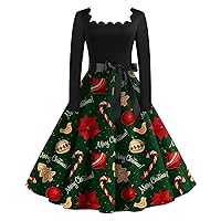 Women Christmas Dress Women's Casual Fashion Christmas Printed Square Neck Vintage Dresses