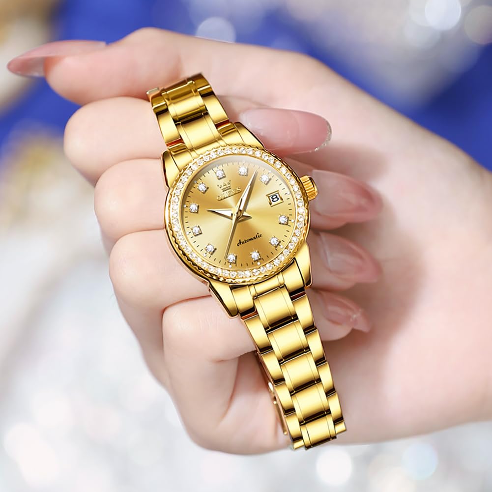 OLEVS Damen Automatikuhr Diamant Mode Luxus Kleid Mechanische Selbstaufzug Edelstahl Damen Armbanduhr für Frauen Leuchtend Wasserdicht