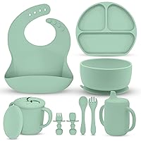 Back Bay Play Silicone Baby Feeding Set - Toddler Plate & Bowl Set - Includes Suction Plate for Baby, Suction Bowl, Utensils, Bib, Sippy Cup, & Snack Cup - 9 Piece Baby Feeding Supplies Set (Green)