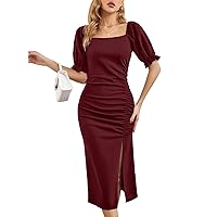 SouqFone Women Square Neck Long Puff Sleeve Split Satin Maxi Dress Belted Smocked A-Line High Waist Formal Dress with Zipper