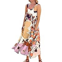 Women's Linen Dresses Summer Dresses for Women 2024 Print Elegant Casual Loose Fit Trendy with Sleeveless U Neck Maxi Flowy Dress Ginger 3X-Large