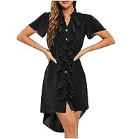 Women Trendy Ruffle Trim Button Down Tshirt High-Low Dress Summer Ruched Short Sleeve V Neck Dressy Flowy Knee Dress