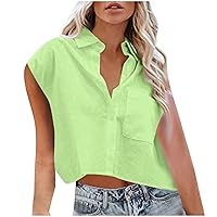 Womens Sleeveless Button Down Shirts Summer Casual Tank Tops Loose Crop Top Solid Lapel Blouse Shirt with Chest Pocket