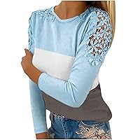 Women Casual Off Shoulder Top Ladies Long Sleeve Round Neck T-Shirt Sexy Lace Crochet Flowy Tunic Shirt Pullover