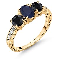 Gem Stone King 2.50 Ct Oval Blue Sapphire Black Sapphire 18K Yellow Gold Plated Silver Ring