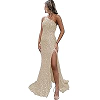 Long One Shoulder Sequins Prom Dress Empire Waist Sheat Mermaid Formal Dress with Split SF034