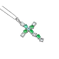 Natural 5X4 MM Oval Cut Zambian Emerald & Aquamarine Holy Cross Pendant Necklace 925 Sterling Silver May Birthstone Emerald Jewelry Wedding Gift For Bridal (PD-8386)