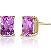 Peora Solid 14K Yellow Gold Created Pink Sapphire Earrings for Women, Classic Solitaire Studs, 7x5mm Radiant Cut, 2.50 Carats total, Hypoallergenic, Friction Back