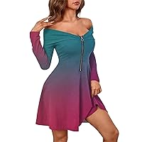 Formal Long Sleeve Mini Dress Sexy Off The Shoulder Short A Line Dress Casual Elegant Floral Ruched Zip Up Dress