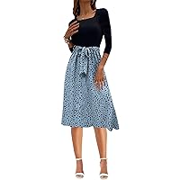 Yajedo Womens Casual 3/4 Sleeve Church Modest Business Work Outfits Ribbed Midi Dress with Pockets