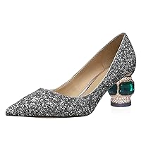 FSJ Women Gorgeous Crystal Chunky Low Heel Pump Comfy Slip on Pointed Toe Glitter Dress Party Shoe Size 4-15 US