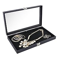 Ikee Design Leatherette Wooden Jewelry Display Case with Glass Top and Black Velvet Pad, Home Organization Storage Box, Wooden Jewelry Tray for Collectibles, 14.75 W x 8.25 D x 2.13 H in