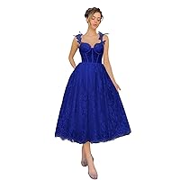 Maxianever Plus Size Lace Tulle Long Prom Dresses Spaghetti Straps Flower Women’s Wedding Gowns Tea Length Corset Royal Blue US26W