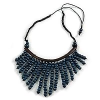 Statement Dark Blue Wooden Bead Fringe Black Cotton Cord Necklace - Adjustable