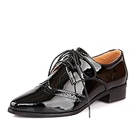 Woman's Lace up Wingtip Brogues Oxford Shoes Breathable Patent Leather Chunky Low Heel Working Loafers