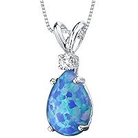 PEORA 14K White Gold Created Blue Opal with Genuine Diamond Pendant, Elegant Teardrop Solitaire, Pear Shape, 10x7mm, 1 Carat total