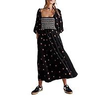 Women's Flower Embroidered Maxi Dress Lantern Sleeve Square Neck Tiered Flowy Spring Fall Dress