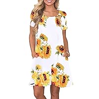 GRASWE Womens Summer Solid Pockets Dresses Round Neck Short Sleeve Knee Length Sundresses