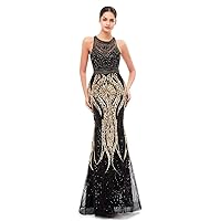 Women's Sequins Embroidery Mermaid Prom Dress Crystals Sheer Neck Evening Gown