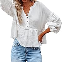 Women's V-Neck Lantern Sleeve Pullover Top Elegant Puff Long Sleeve Top Blouses Casual Balloon Sleeve Shirts Tops