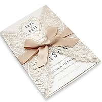 25Pcs Elegant Lace Wedding Invitation Cards with Tan Ribbon Bow, Ivory Laser Cut Invitations 125x185mm - Set of 25 (Tan Ribbon, Blank)