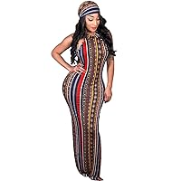 Women's 2 PCS Sleeveless O Neck Stripe Printed Bodycon Maxi Dress with Scarf