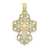 10k Yellow Gold with Rhodium-Plating-Plated Beaded Lace Trim Cross Pendant