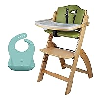 Abiie Beyond Junior Natural Wood/Olive Cushion Convertible 3-in-1 Wooden High Chairs for 6 Months to 250 lbs, and Ruby Wrapp Baby Blue Waterproof Silicone Bibs with Front Pocket - Baby Essentials
