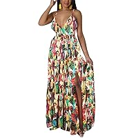 Womens Sexy V Neck Satin Spaghetti Strap Side Split Sleeveless Maxi Dress Multicolor Summer Long Dress