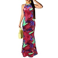 Women Floor Length Halter Dress Colorful Printing Sleeveless Maxi Dress Bodycon Party Beach Dress