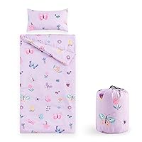 Wake In Cloud - Sleeping Bag for Kids Toddlers, Portable Compact Lightweight Backpacking Nap Mat with Pillow and Blanket, for Girls, Purple with Butterfly Flowers, 55